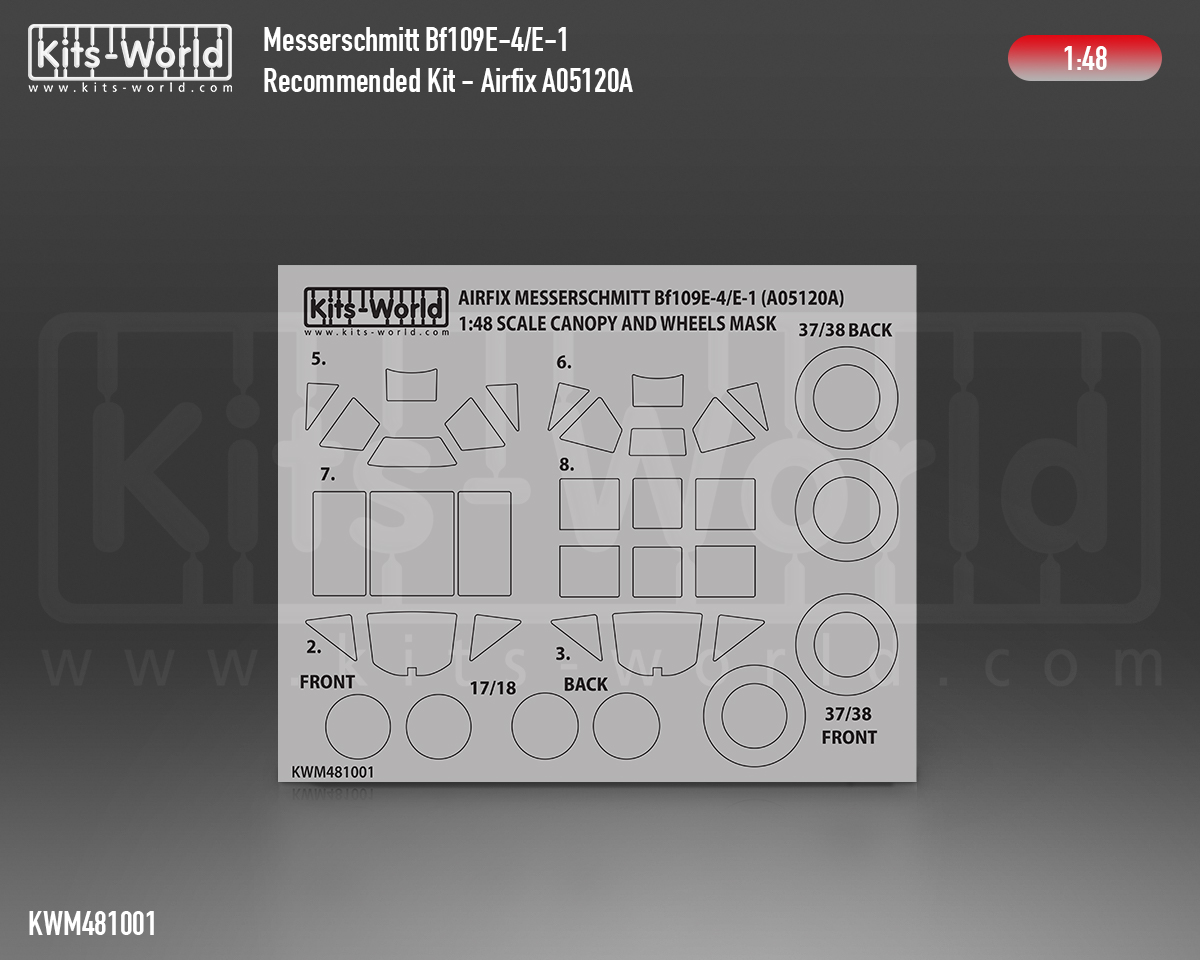 Kitsworld Kitsworld 1:48 Paint Mask Messerschmitt Bf109E-1/E-3/E-4 1:48 scale Messerschmitt Bf109E-1/E-3/E-4 Canopy/Wheels Mask Recommended Kit - Airfix A05120 